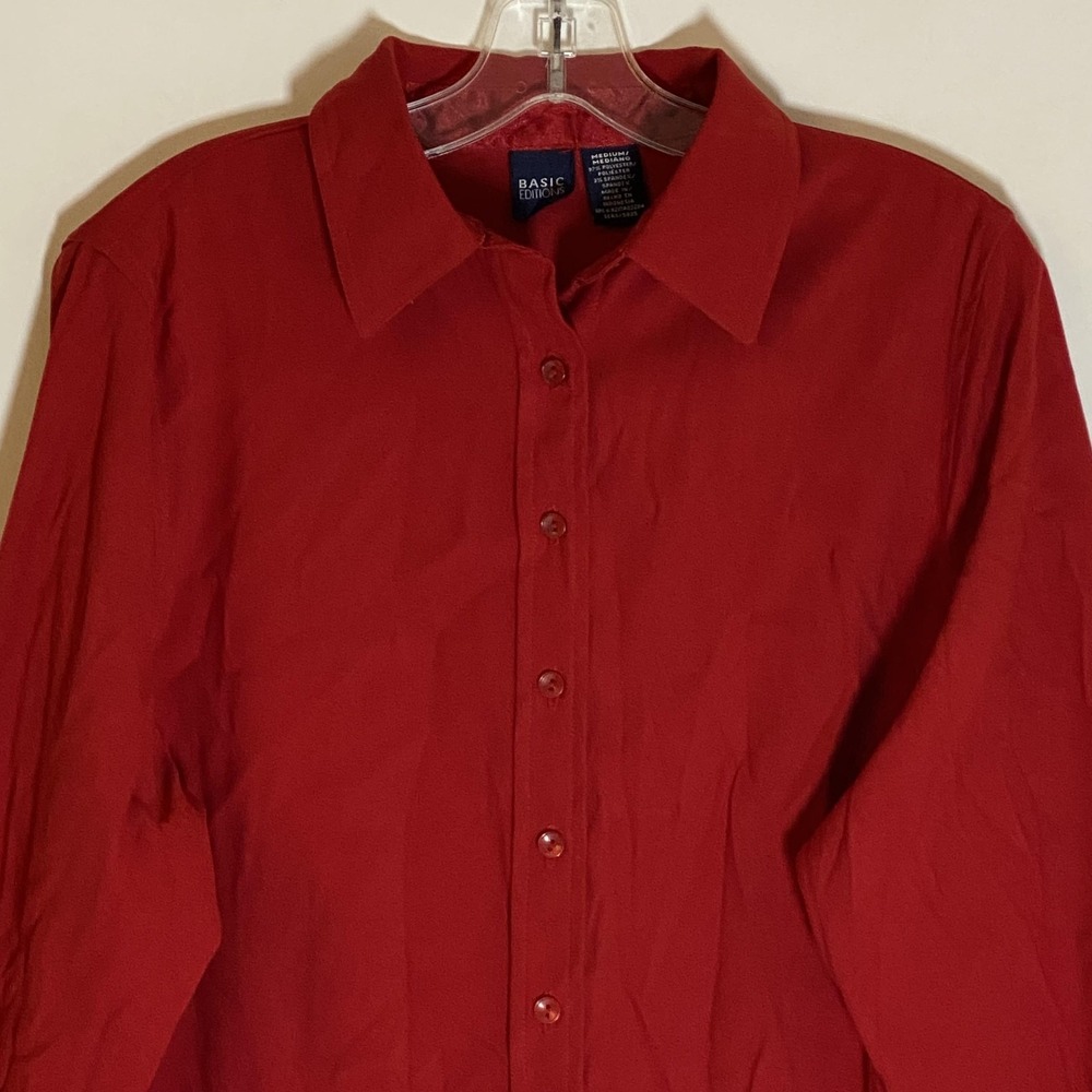 Basic Editions Shirt Womens Medium Red Button Front Long Sleeve Stretch Blouse - Picture 2 of 14